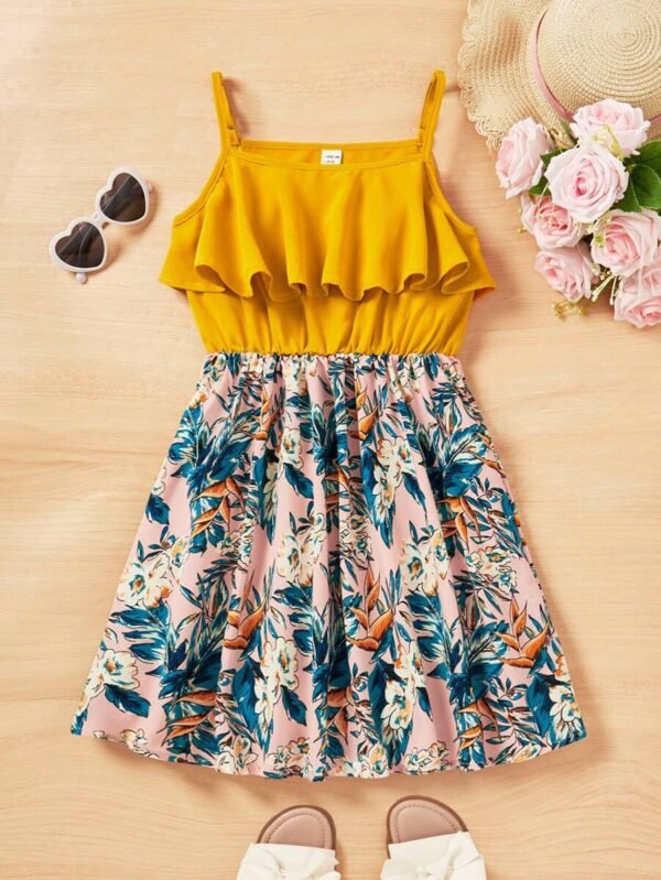 Vestido Casual De Niña Con Estampado Floral Y unicolor