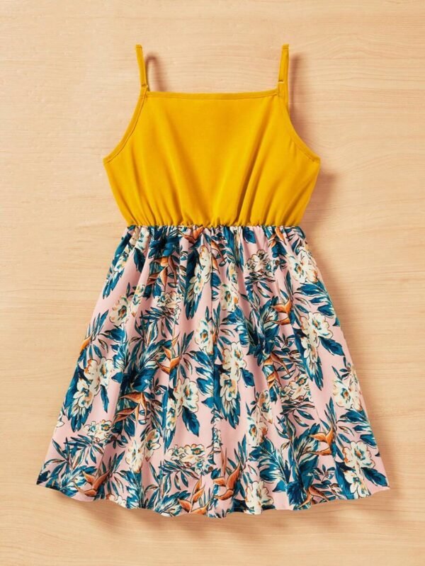 Vestido Casual De Niña Con Estampado Floral Y unicolor - Imagen 2