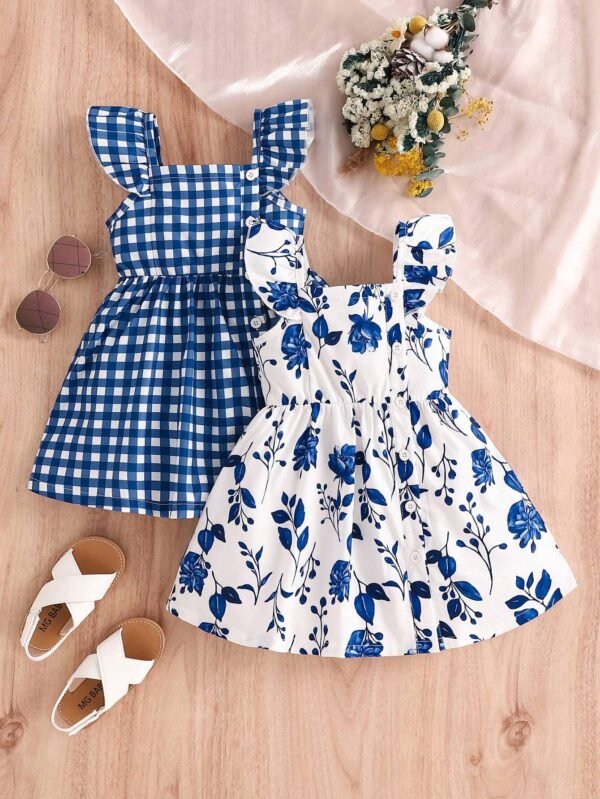Vestido de manga corta con volantes, patrón a cuadros y floral con botones
