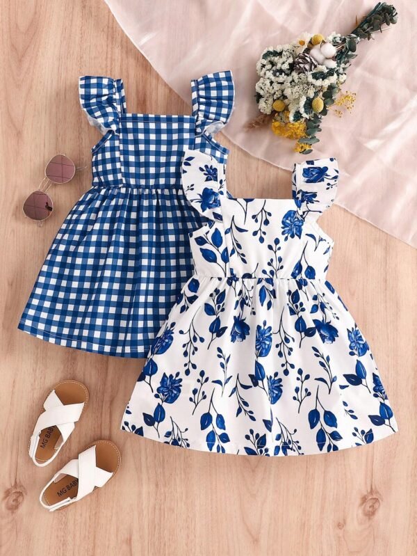 Vestido de manga corta con volantes, patrón a cuadros y floral con botones - Imagen 3
