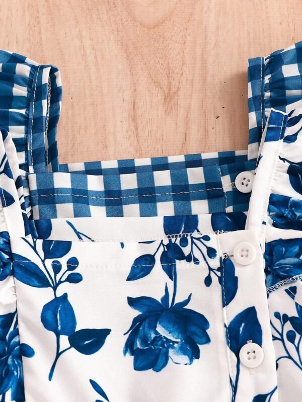 Vestido de manga corta con volantes, patrón a cuadros y floral con botones - Imagen 2