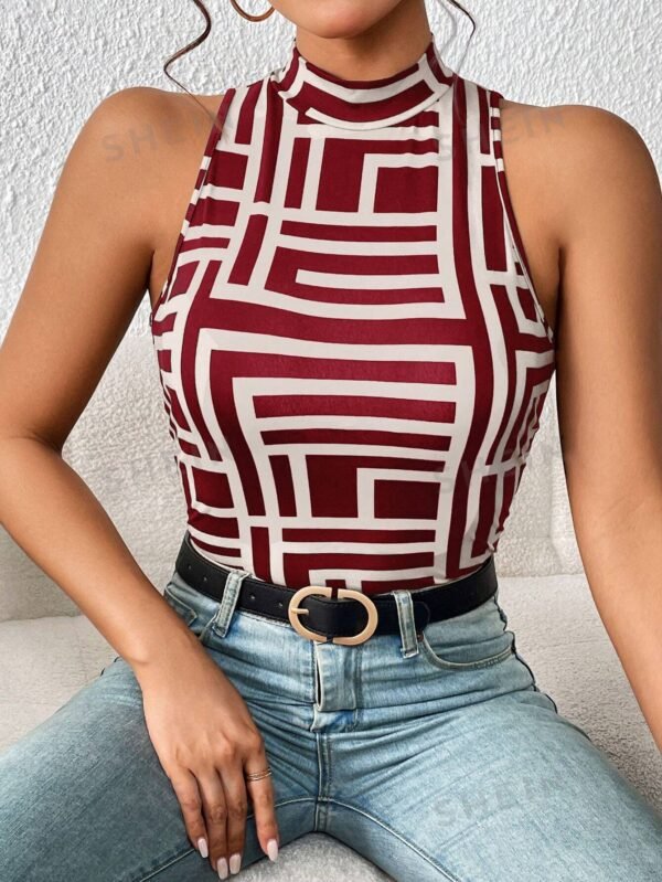 Camisa Sin Mangas Para Mujer Con Cuello Alto Y Patrón Geométrico