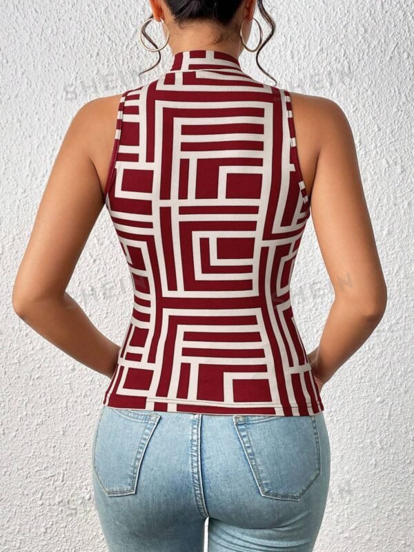 Camisa Sin Mangas Para Mujer Con Cuello Alto Y Patrón Geométrico - Imagen 3