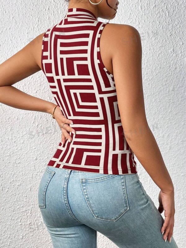Camisa Sin Mangas Para Mujer Con Cuello Alto Y Patrón Geométrico - Imagen 2