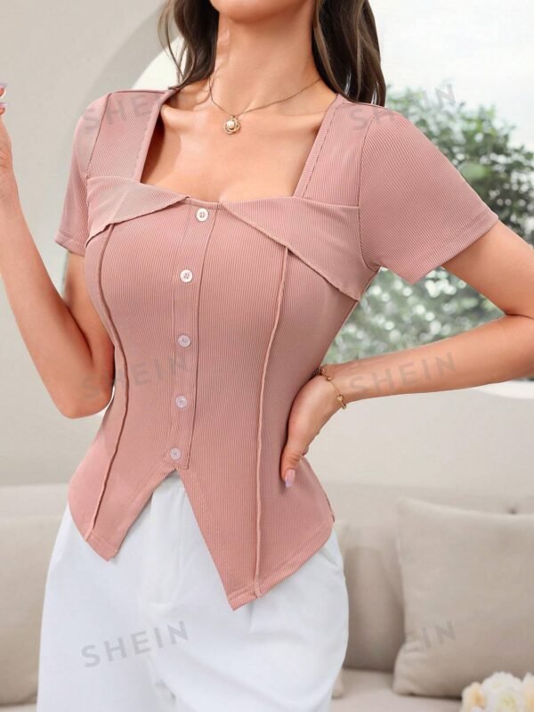 Camiseta slim fit de verano para damas con cuello de corazón - Imagen 2
