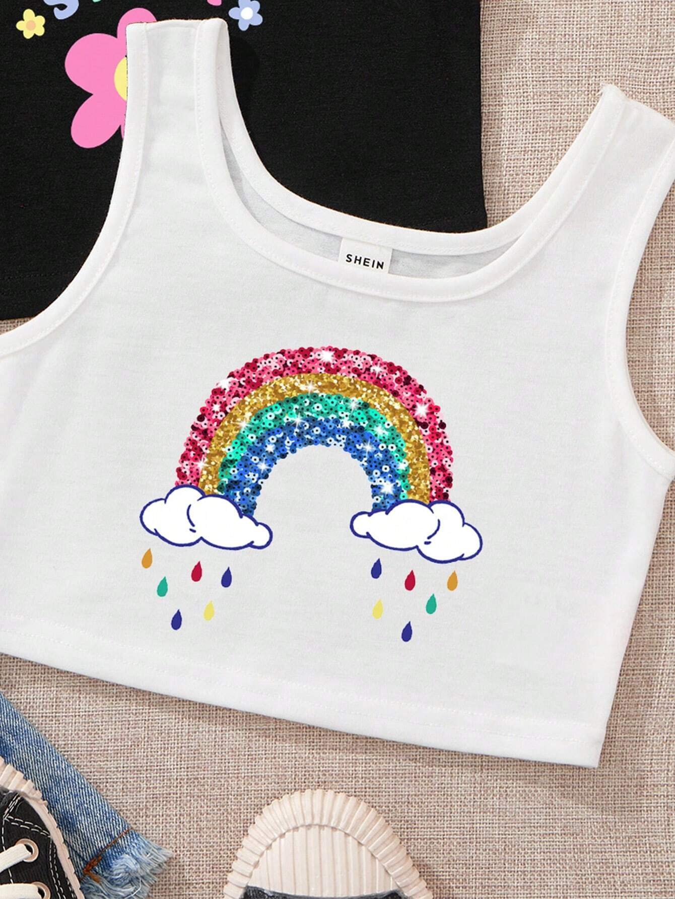 Tops casuales para niñas con estampados florales y de arcoíris - Imagen 2