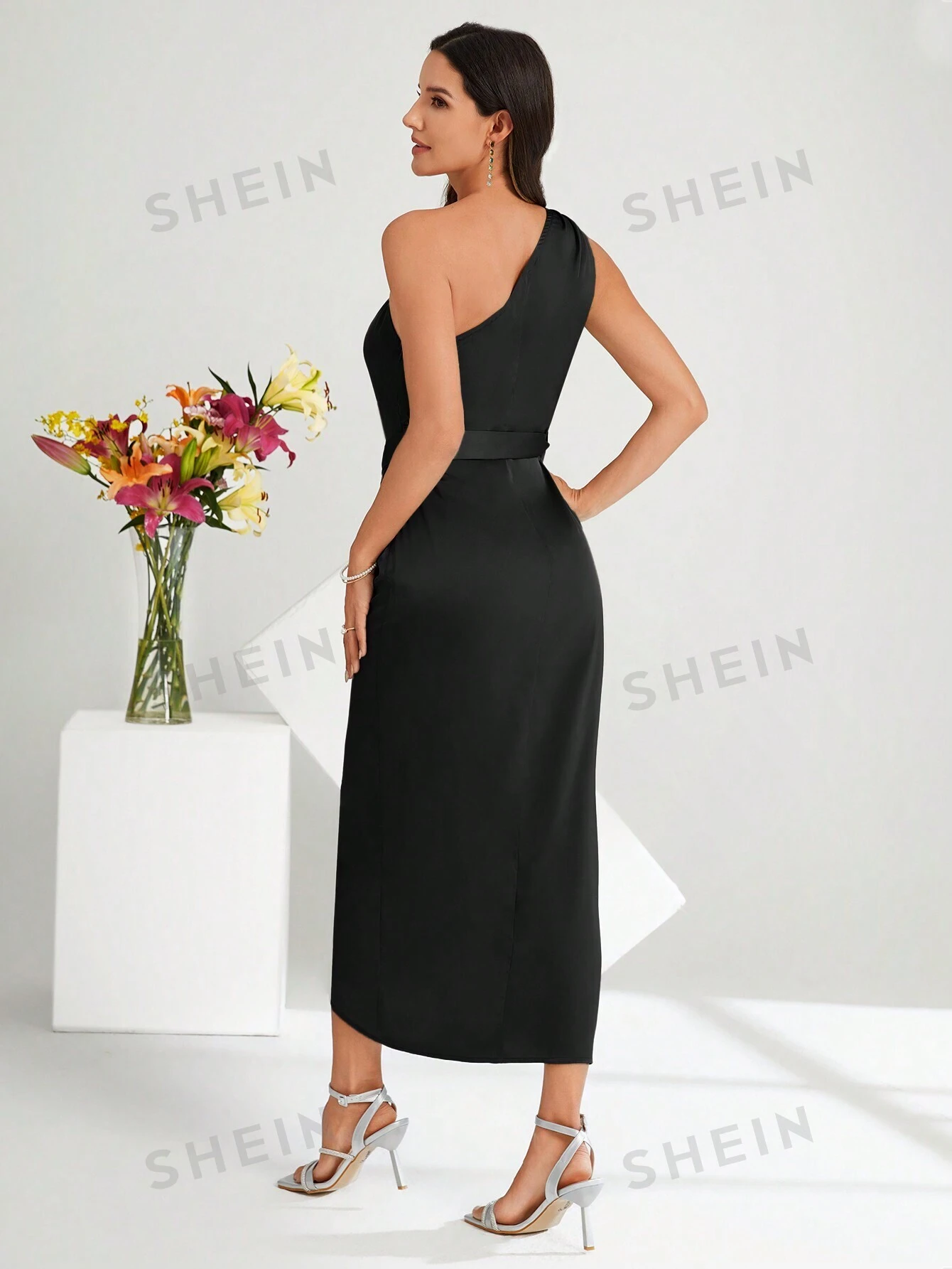 Vestido de unicolor de un hombro para mujer con cinturón de cintura - Imagen 3