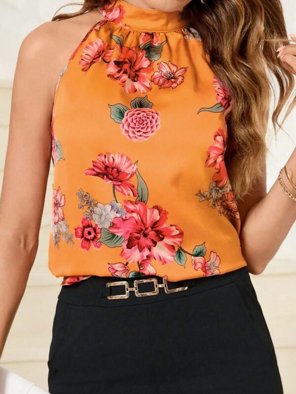 Blusa colgante de satén con cuello de impresión floral