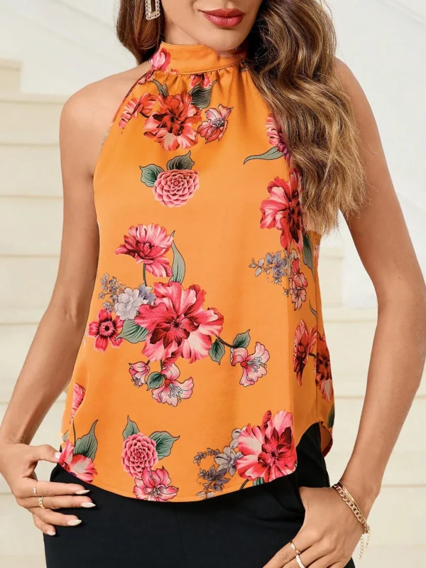 Blusa colgante de satén con cuello de impresión floral - Imagen 2