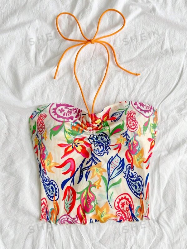 Top corto con pliegues y anudado al frente con estampado colorido - Imagen 3