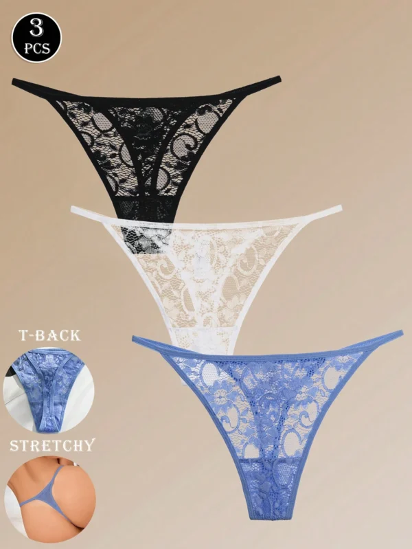 3 piezas Tanga sexy de encaje de talle bajo con estampado de flores