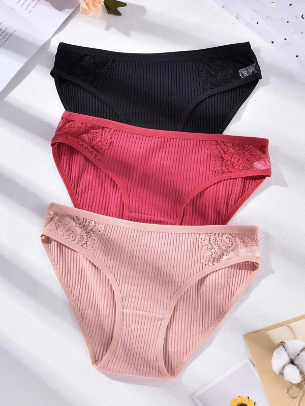 3 piezas Bragas con encaje en contraste tejido de canalé