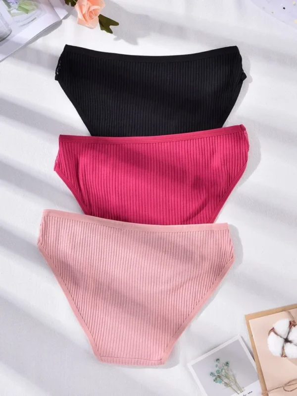 3 piezas Bragas con encaje en contraste tejido de canalé - Imagen 2