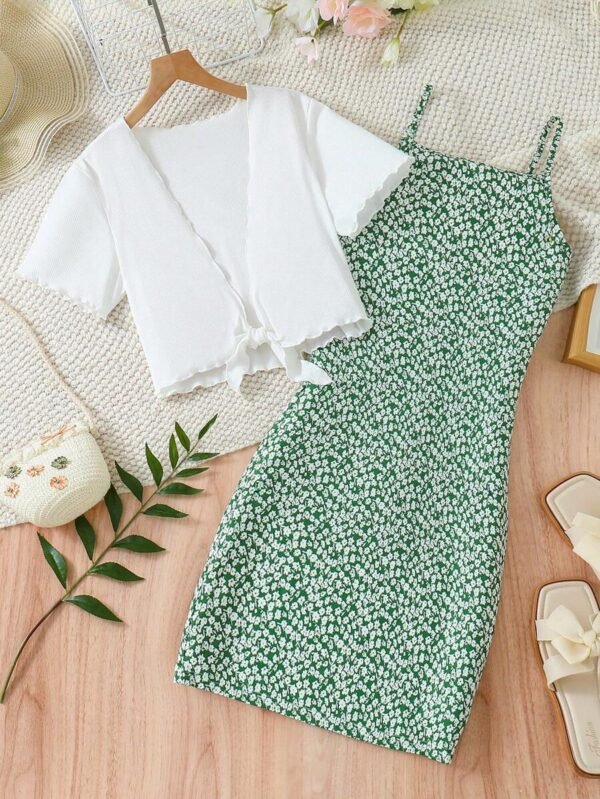Vestido De Tirantes Con Estampado Floral Y Top Con Lazo Frontal