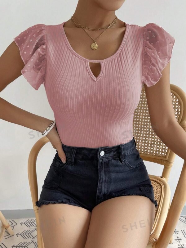 Blusa De Malla Con Patchwork Con Cuello Alto Y Ajuste Delgado