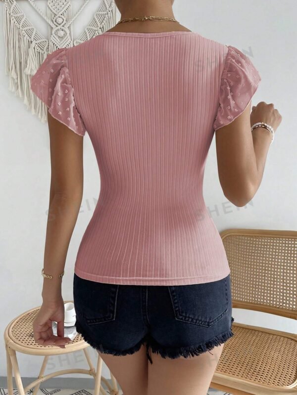 Blusa De Malla Con Patchwork Con Cuello Alto Y Ajuste Delgado - Imagen 3