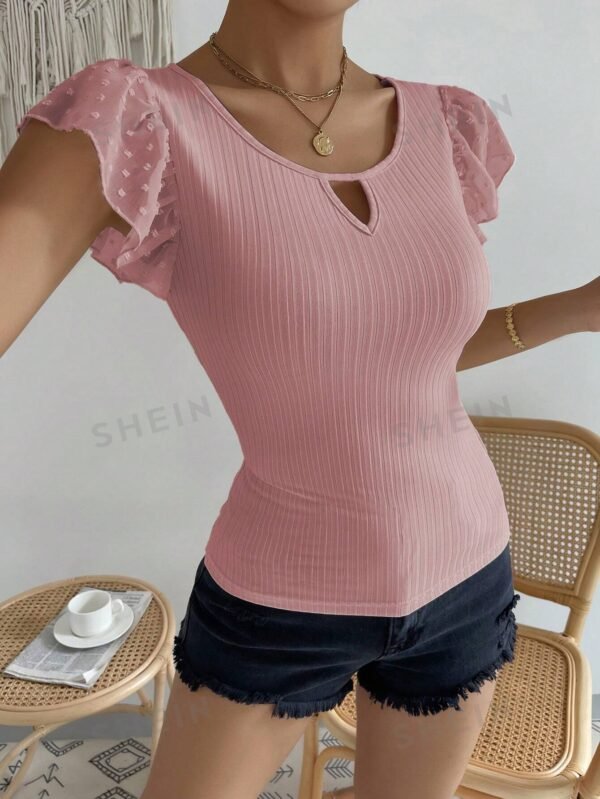 Blusa De Malla Con Patchwork Con Cuello Alto Y Ajuste Delgado - Imagen 2