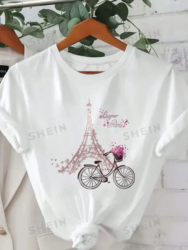 Camiseta casual de manga corta con cuello redondo para mujer impresa con flores
