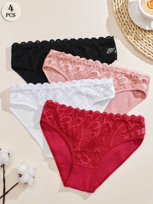 4 piezas/paquete de Bragas sexy de triángulo con encaje con patrón de plumas