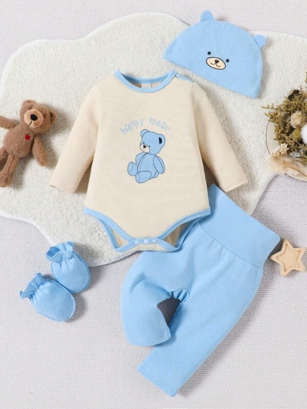 Conjunto de 4 piezas de body y pantalones largos impresos con oso