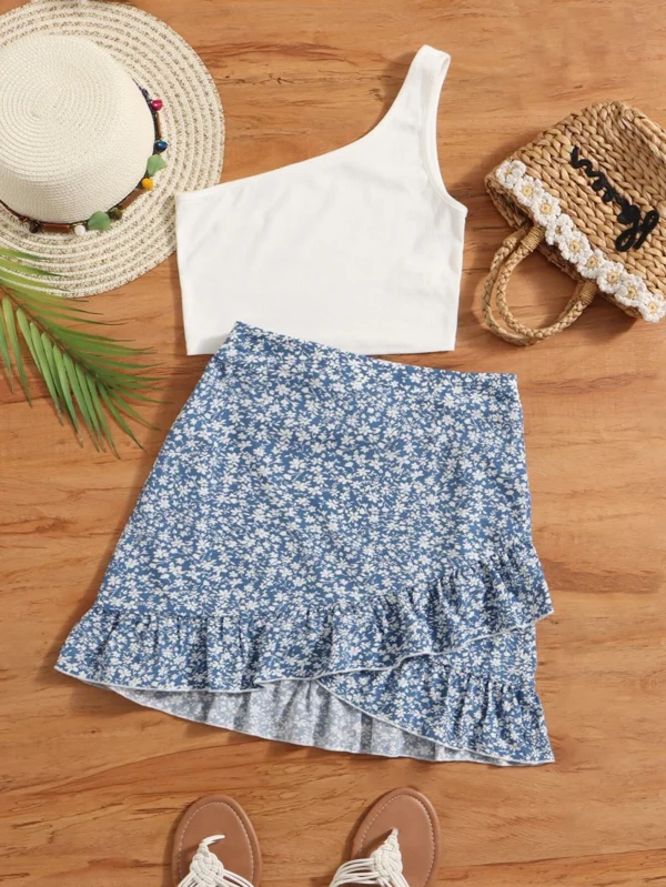 Top de un hombro & falda floral con fruncido para adolescente