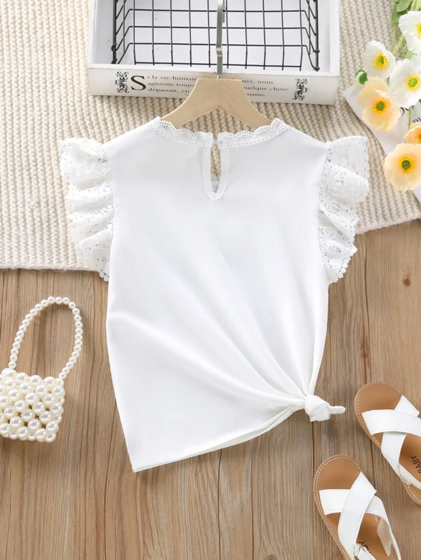 Blusa con encaje en contraste ribete con fruncido de manga - Imagen 3