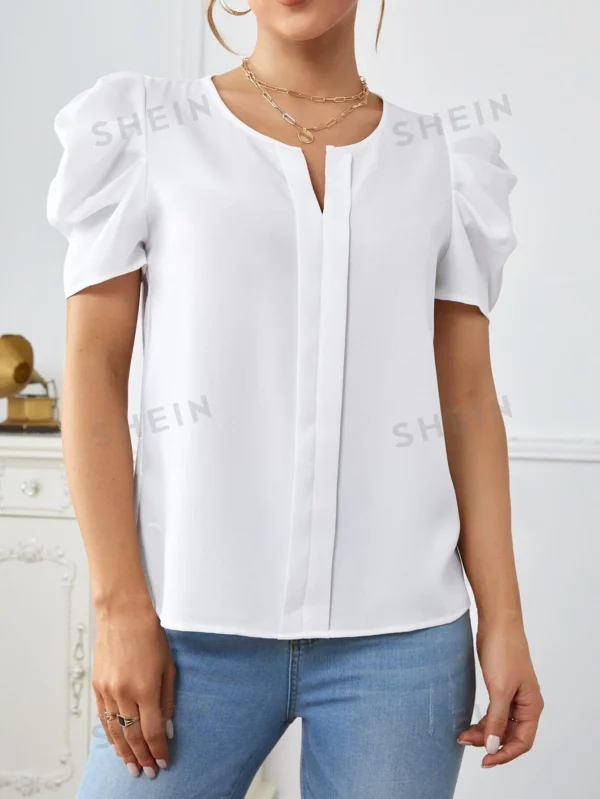 Blusa de cuello de muesca de manga farol con costura delantera - Imagen 2