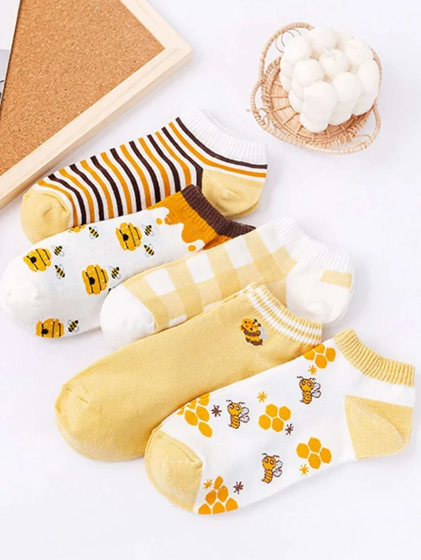 5 pares Calcetines tobilleros de abeja & con patrón de rayas