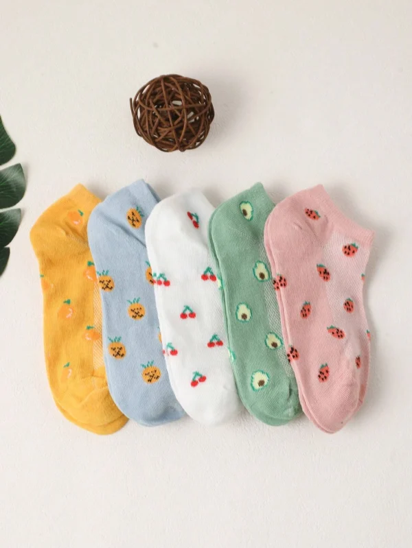 5 pares Calcetines tobilleros con patrón de cereza de moda para diariamente - Imagen 3
