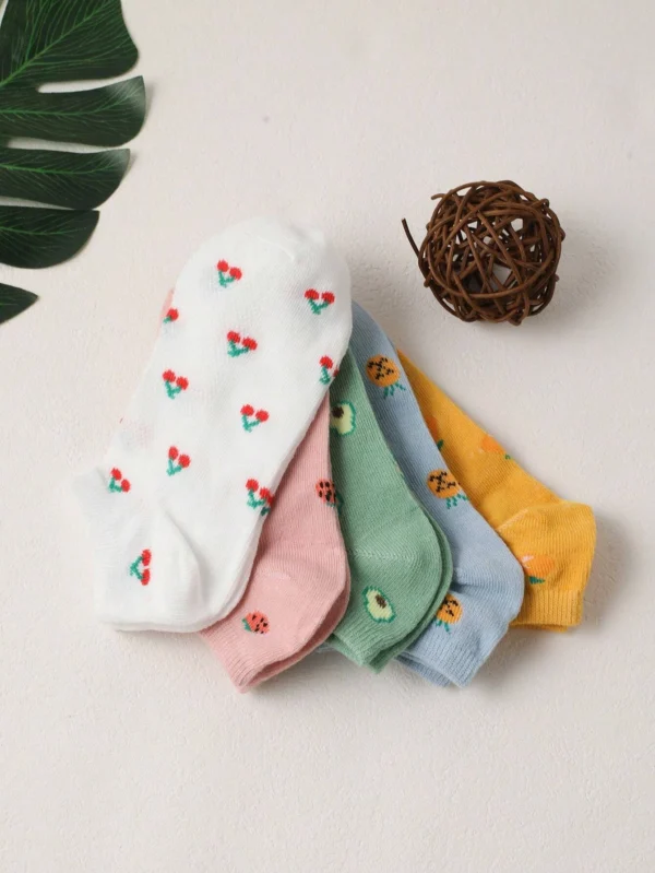 5 pares Calcetines tobilleros con patrón de cereza de moda para diariamente - Imagen 2