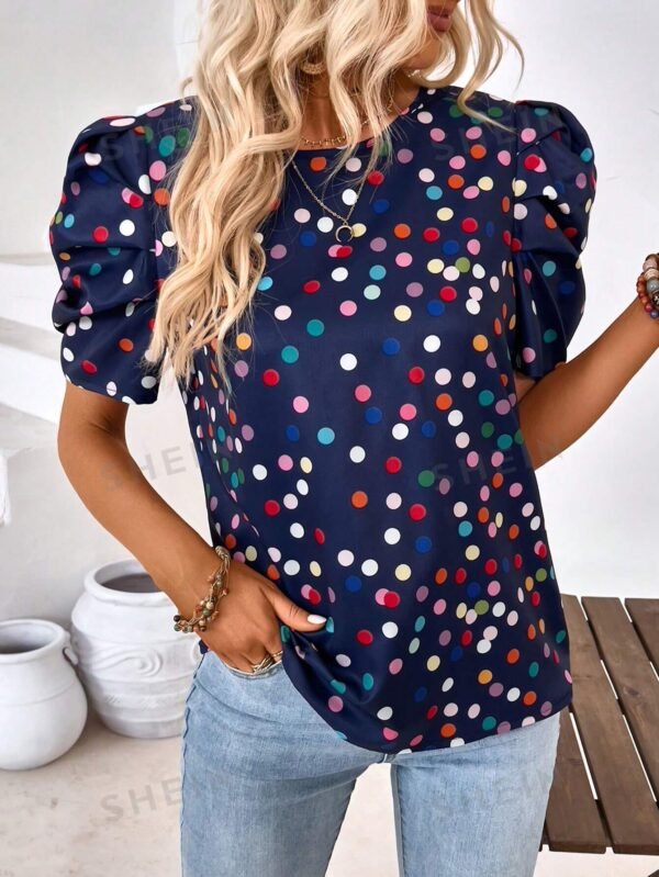 Blusa con estampado de lunares con cordón trasero de manga farol - Imagen 3