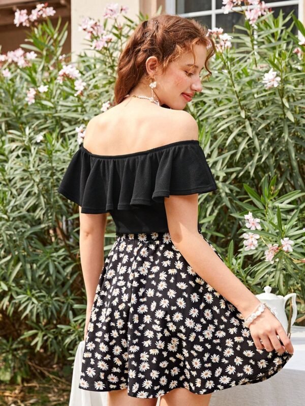 Conjunto De Camiseta De Hombro Descubierto Y Falda Estampada - Imagen 3