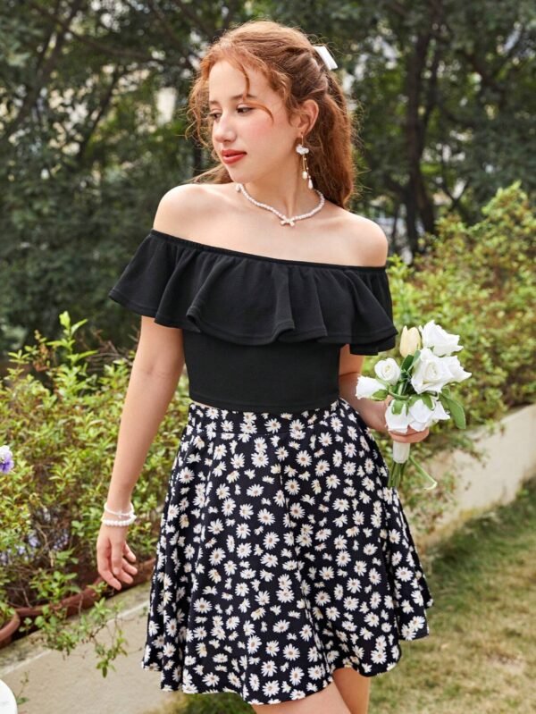 Conjunto De Camiseta De Hombro Descubierto Y Falda Estampada - Imagen 2