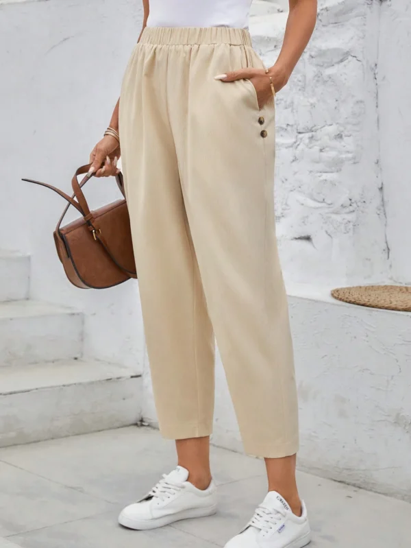 Pantalones Casuales De Verano De Mujer Con Cintura Elástica Y Bolsillos