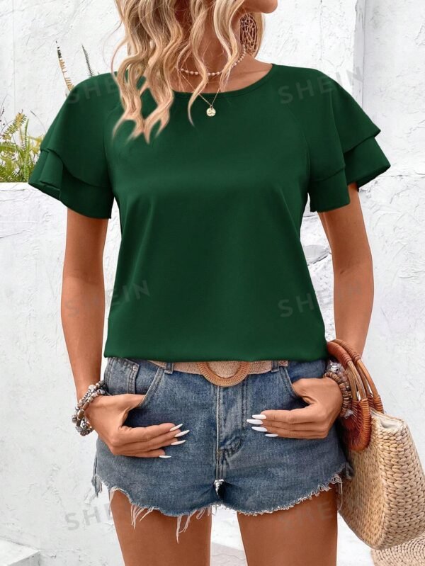 Blusa De Manga Corta De Cuello Redondo Con Volantes - Imagen 2