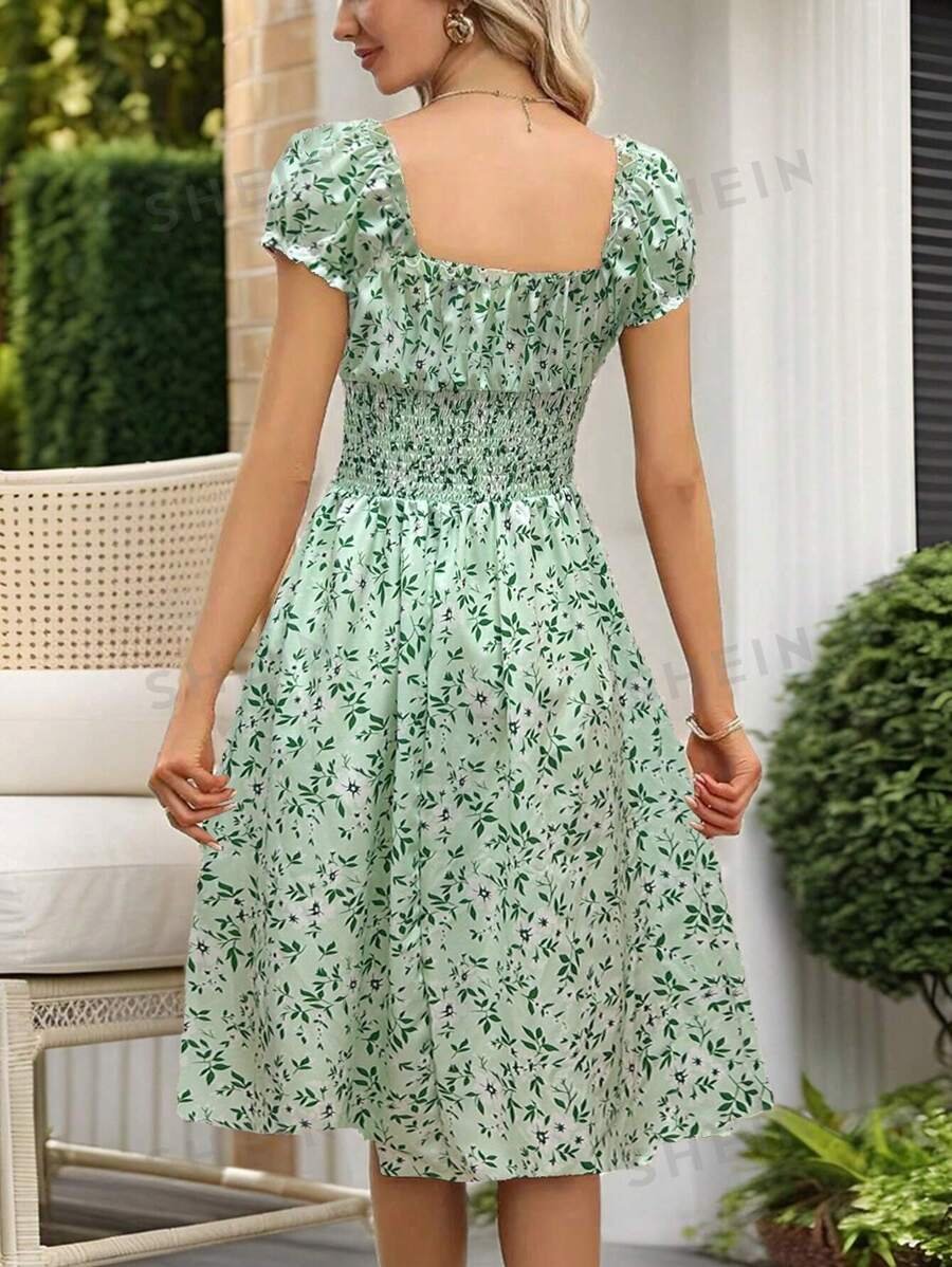 Vestido de mujer con estampado floral discreto, cuello en V y cintura ajustable - Imagen 2