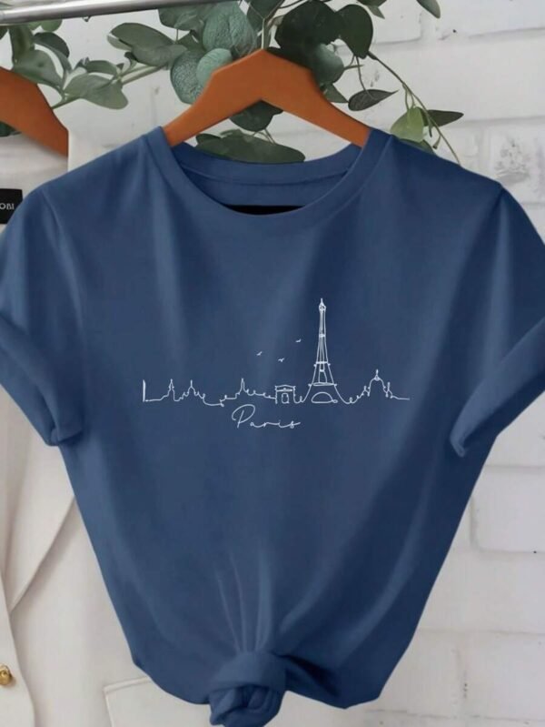 Camiseta de cuello redondo de manga corta con diseño de silueta del paisaje de París