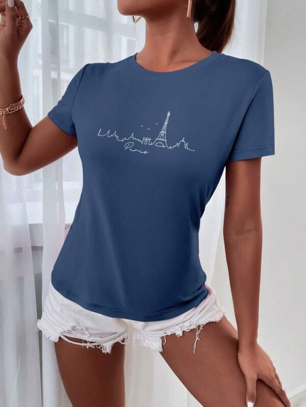 Camiseta de cuello redondo de manga corta con diseño de silueta del paisaje de París - Imagen 3