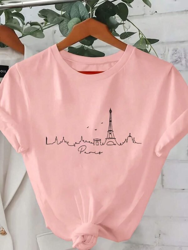 Camiseta de cuello redondo de manga corta con diseño de silueta del paisaje de París