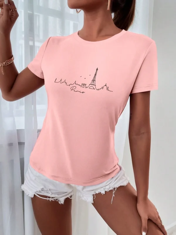 Camiseta de cuello redondo de manga corta con diseño de silueta del paisaje de París - Imagen 3