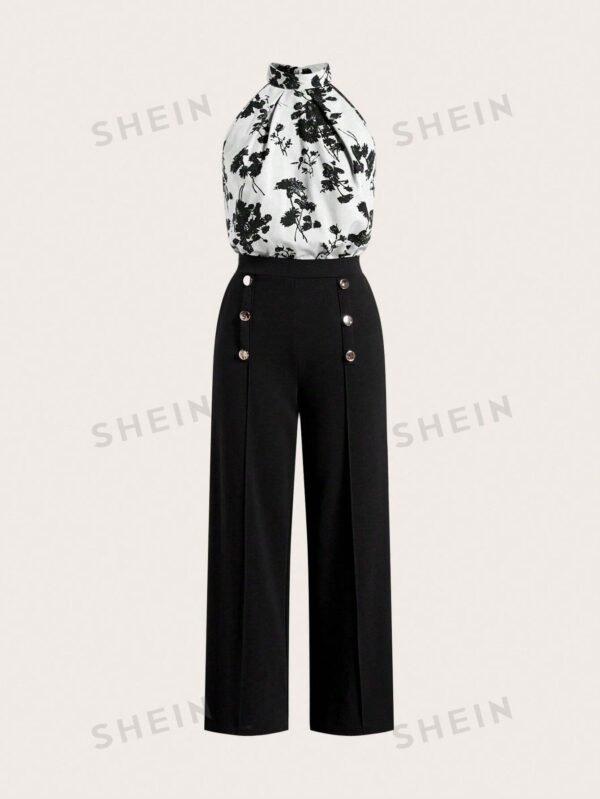 Conjunto de blusa con estampado floral y pantalones de unicolor