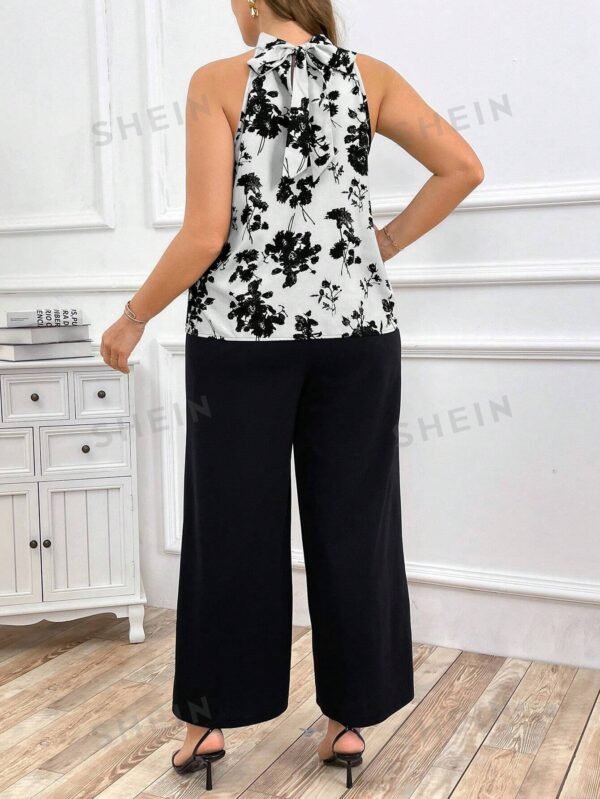 Conjunto de blusa con estampado floral y pantalones de unicolor - Imagen 3
