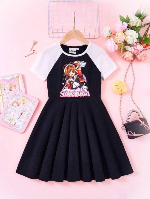 Vestido de manga raglán con estampado de personaje de dibujos animados