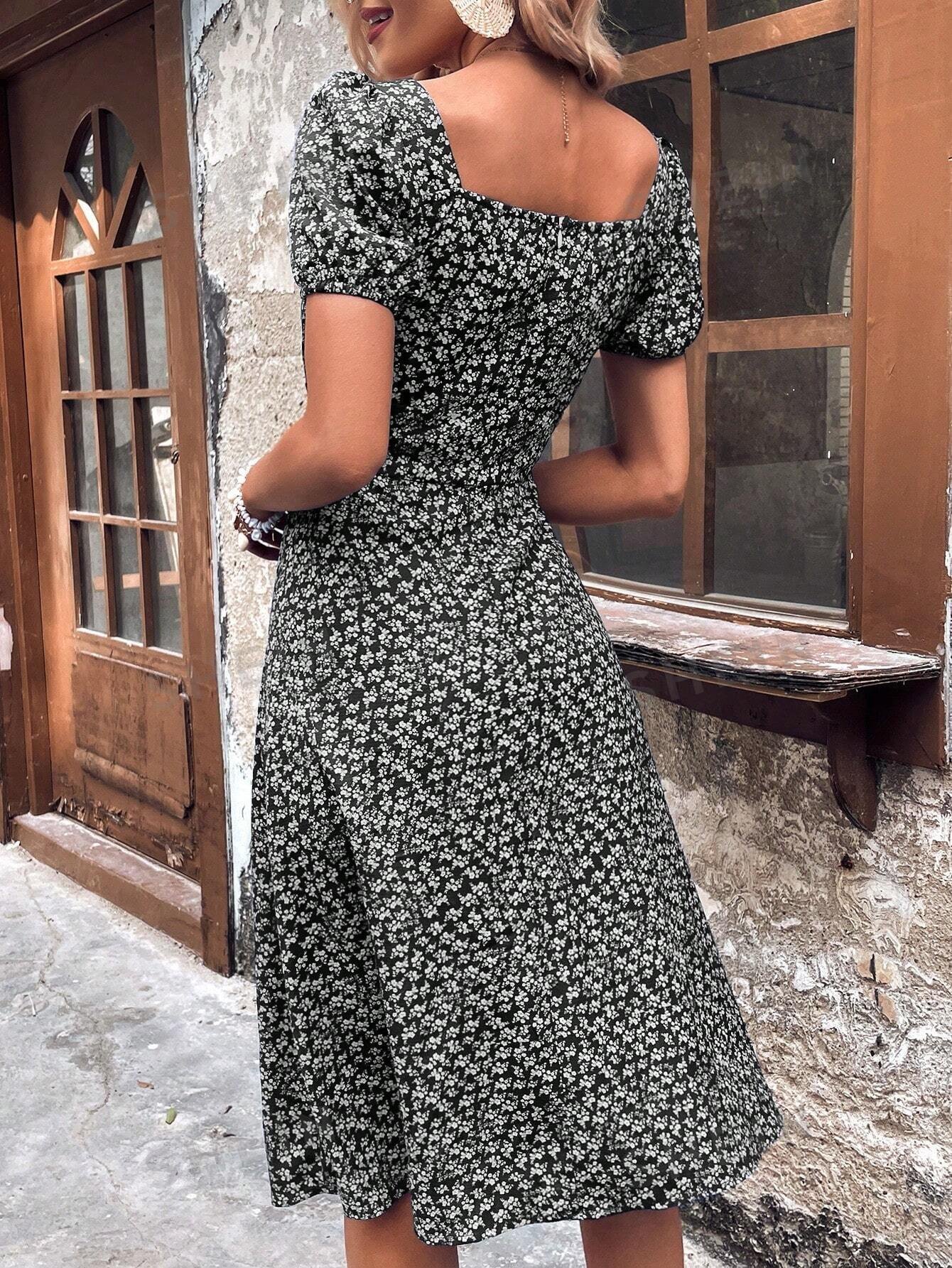 Vestido con estampado floral con cordón delantero de manga farol - Imagen 3