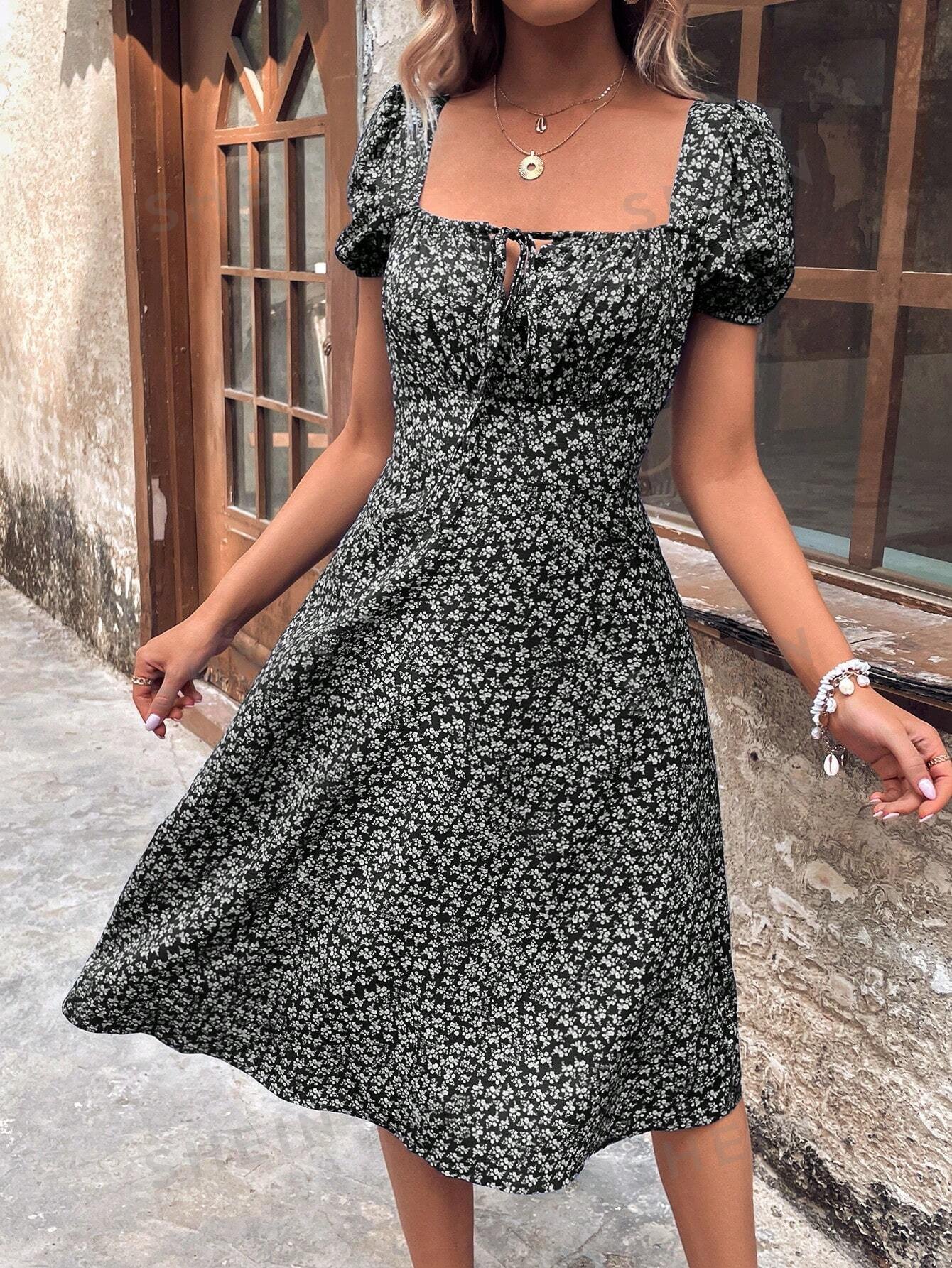 Vestido con estampado floral con cordón delantero de manga farol - Imagen 2