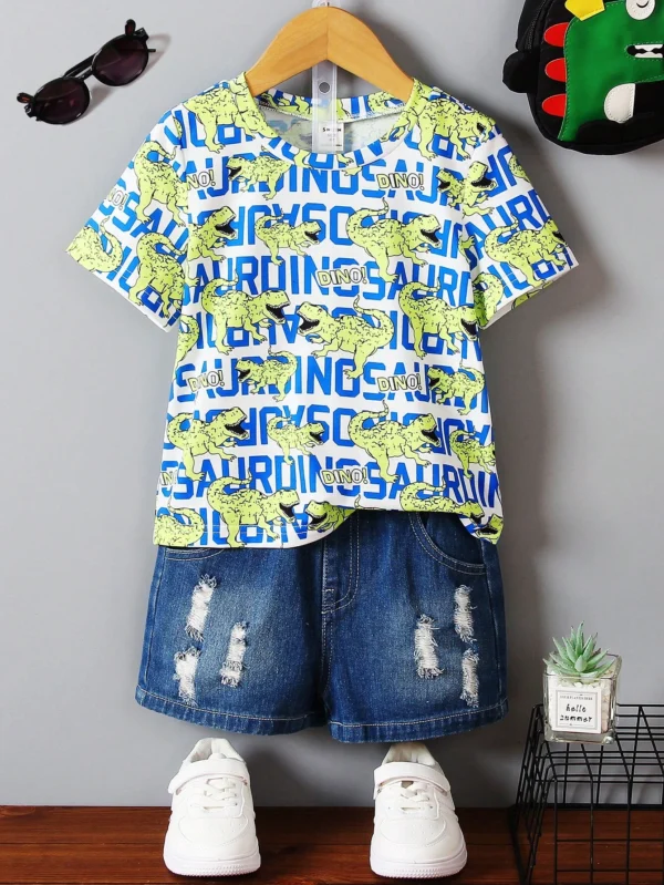 Camiseta De Estampado De Carta Y Dinosaurio Para Niños