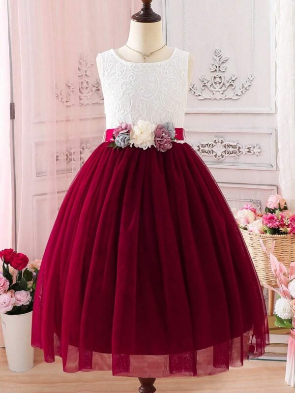 Chica preadolescente Vestido de fiesta flor estéreo bajo con malla