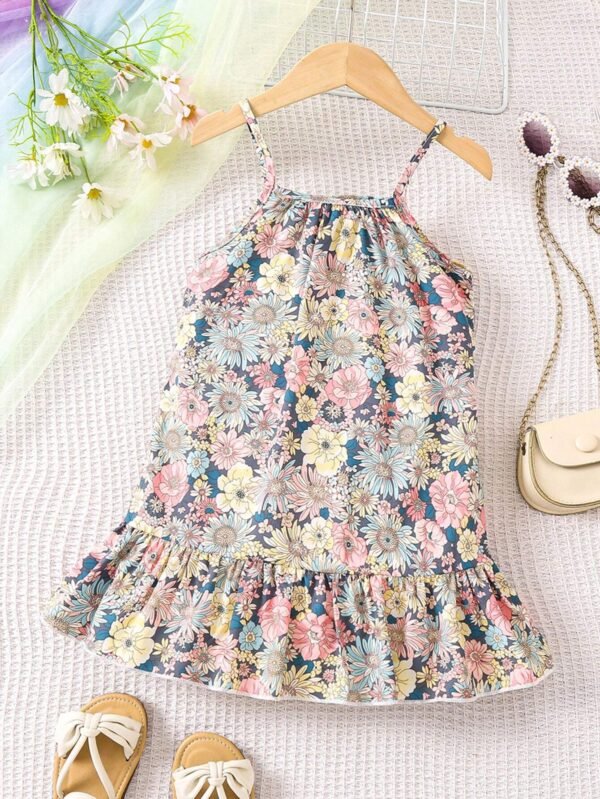 Vestido de tirantes con volantes en el bajo y estampado floral para niña - Imagen 3