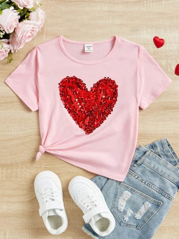 Camiseta Manga Corta Y Corazón Con Lentejuelas Para Niña