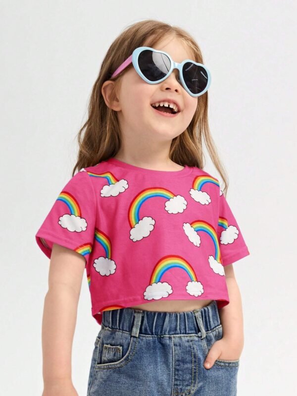 Camiseta Con Estampado De Arcoiris Y Nubes Para Niñas